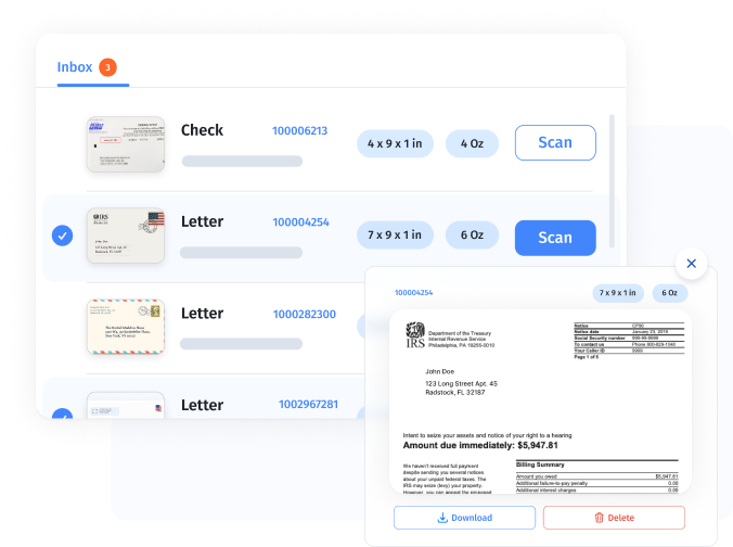 Example of mail scanning for enterprise mail management in a virtual mailbox.